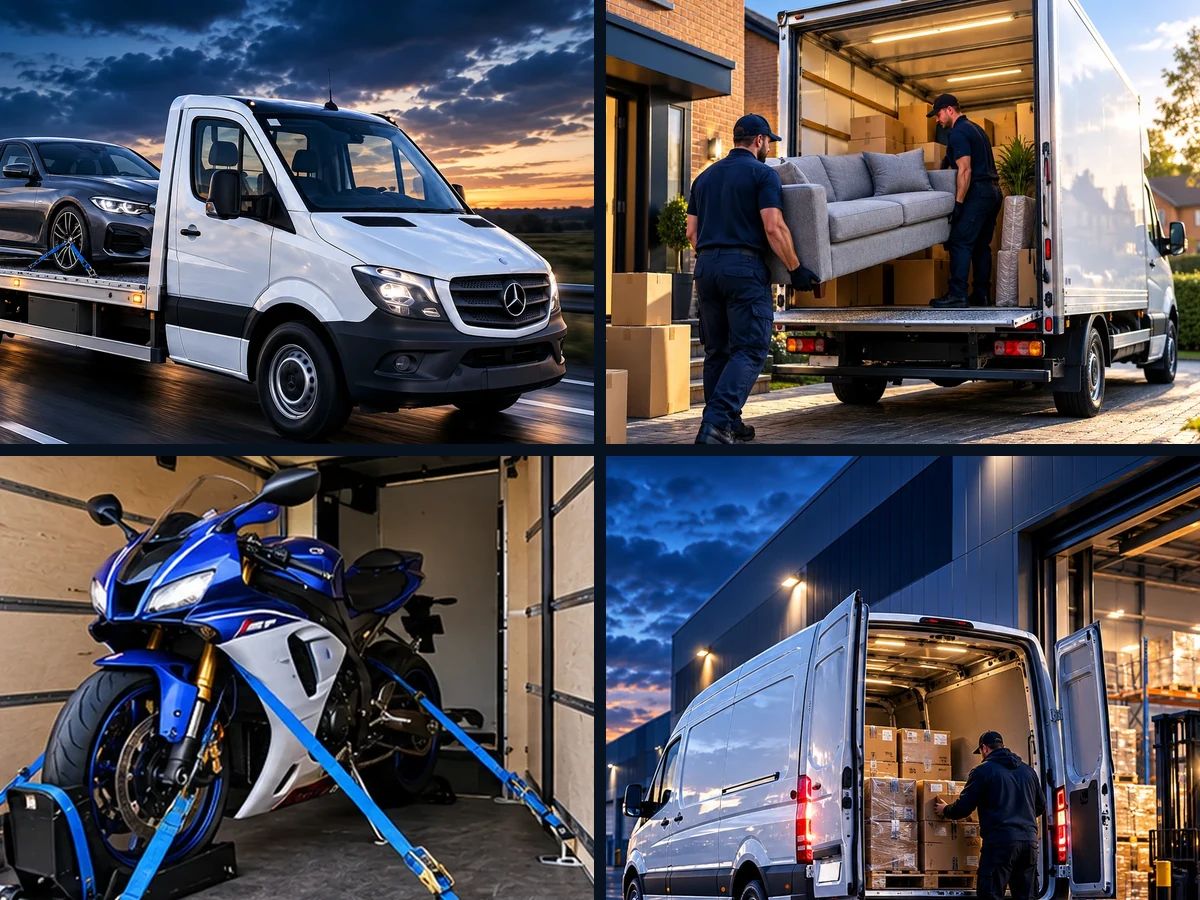 Montage of vehicle transport, removals, motorcycle collection and commercial deliveries