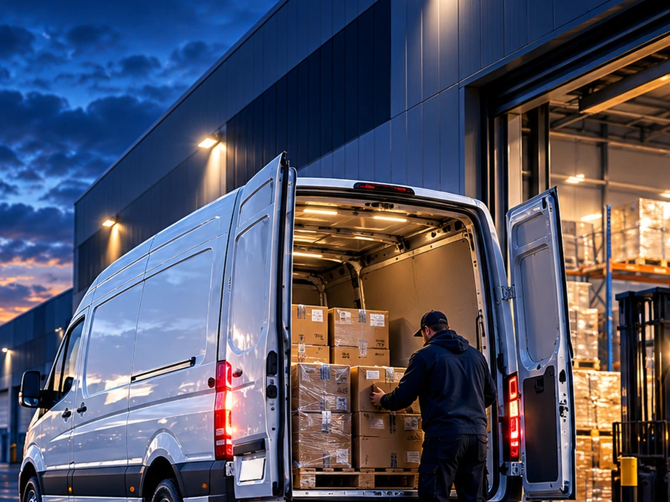 Commercial van collecting goods at a warehouse