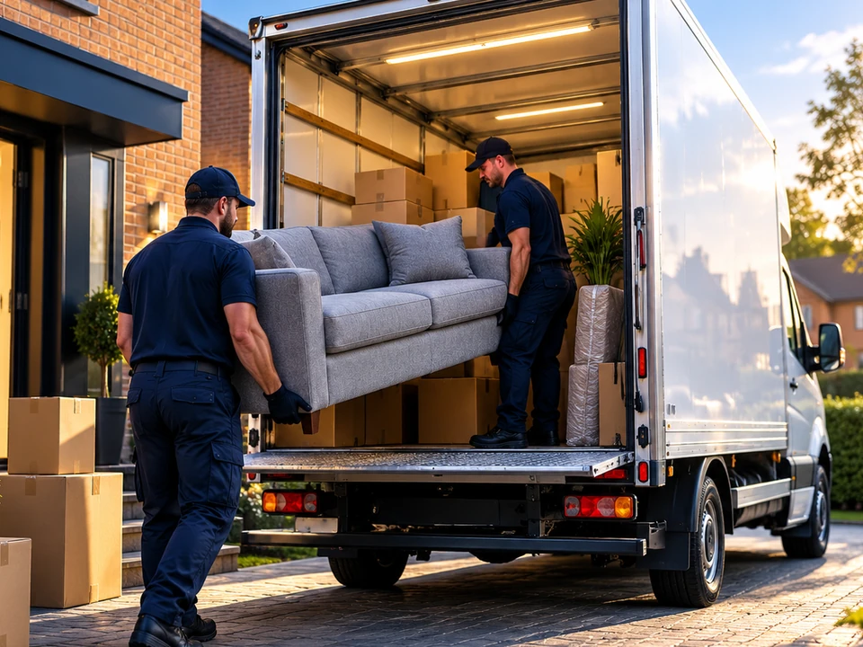 Furniture being loaded into an enclosed removals van
