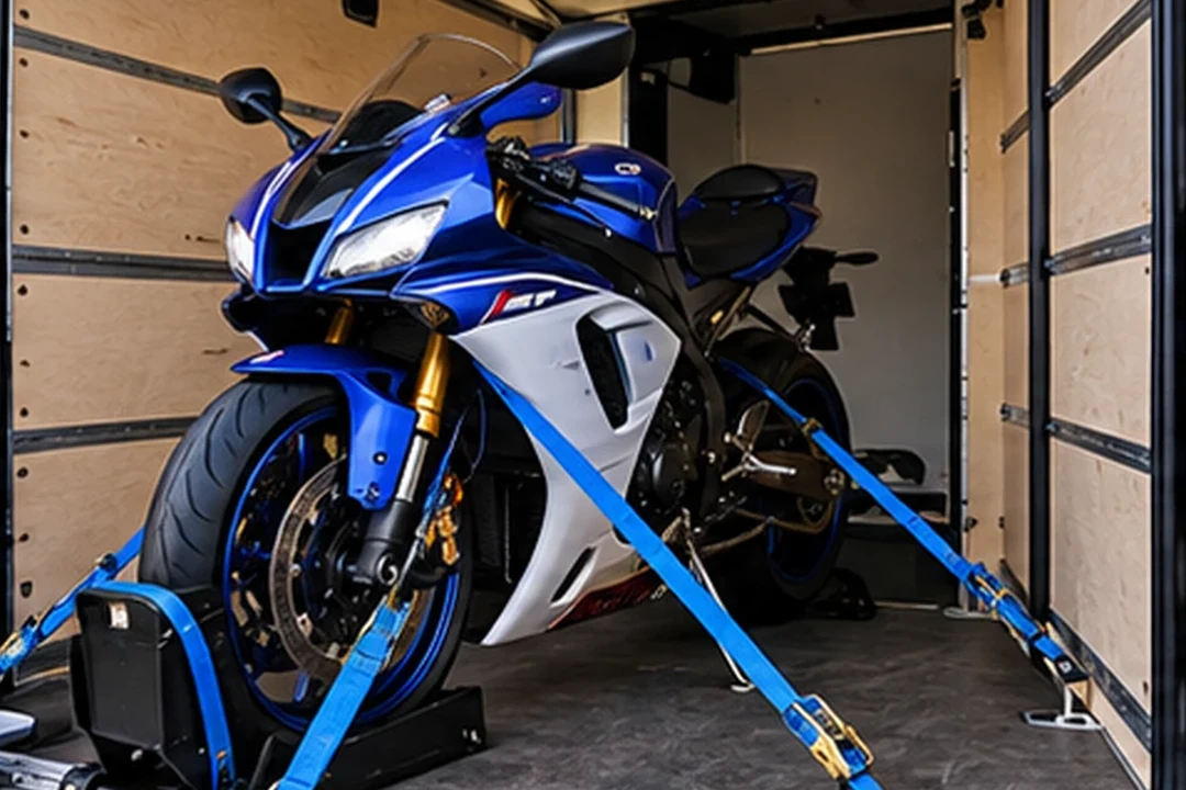 A secured motorcycle inside a transport van