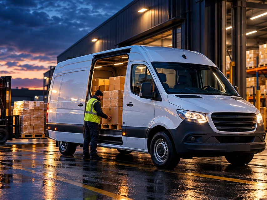 A transport van being loaded for a commercial delivery