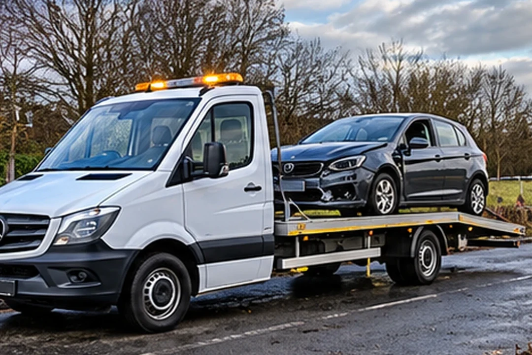 A light recovery vehicle transporting a car